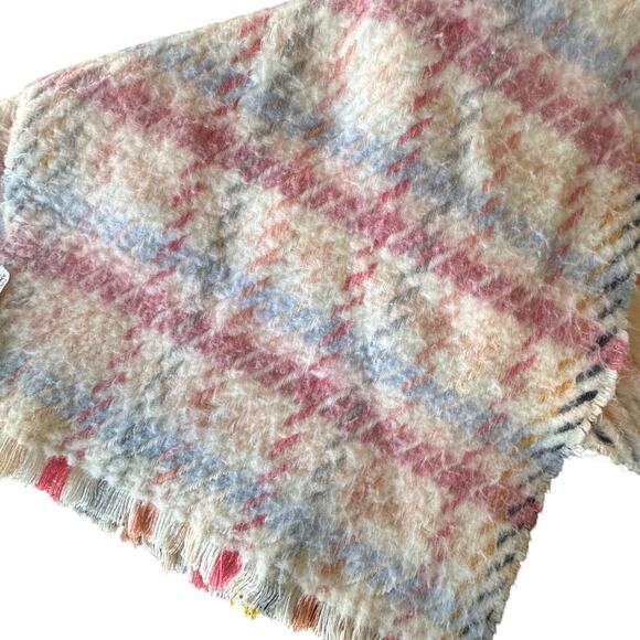 Anthropologie Women's Plaid Fringe White Pink Black Blue Yellow Scarf wool blend - Picture 1 of 6
